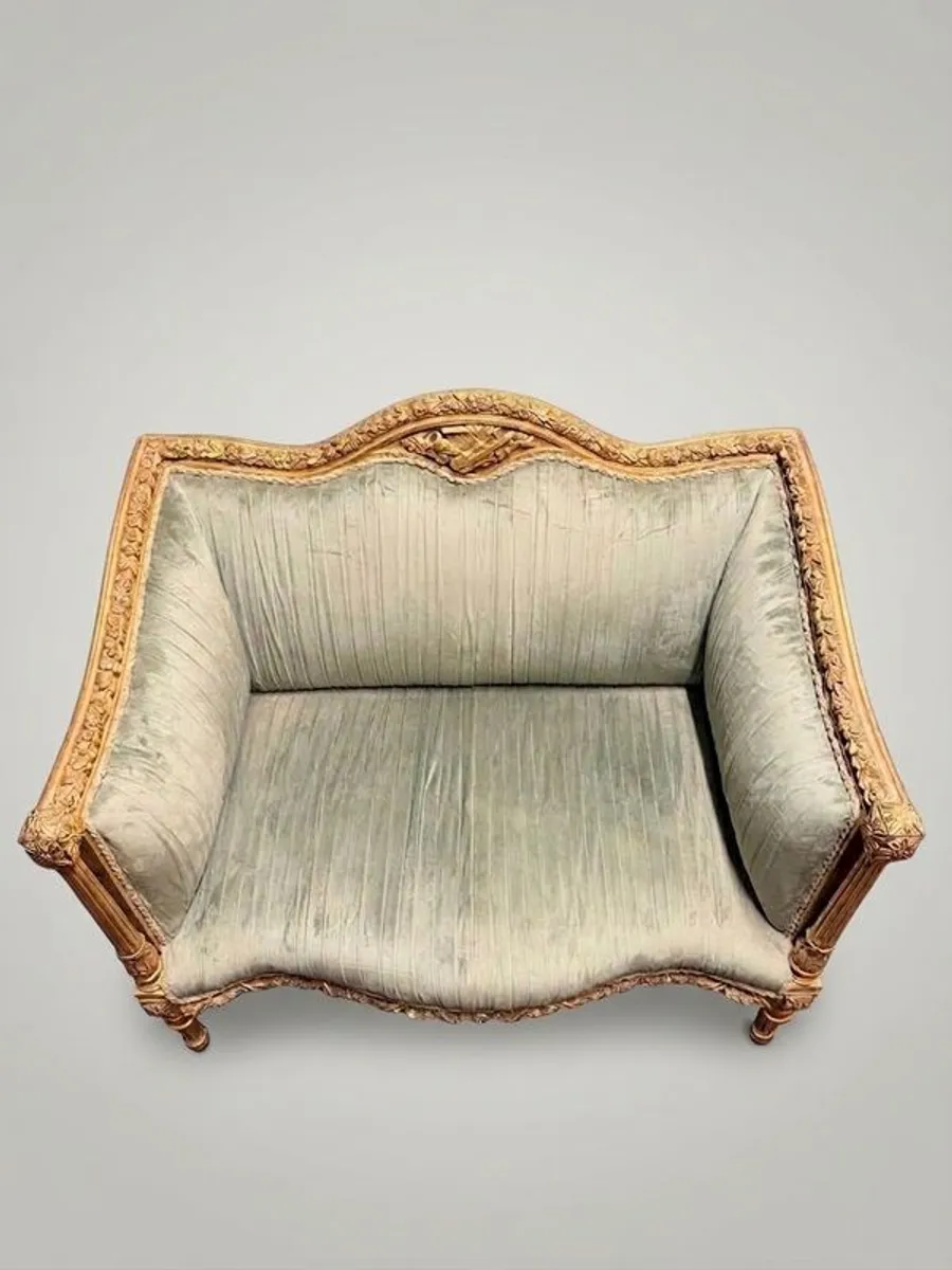 Louis XVI Style Carved Giltwood & Green Velvet Sofa - Image 2