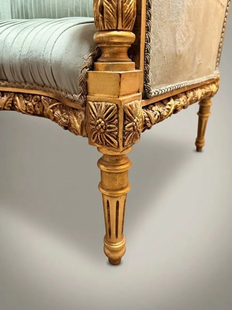 Louis XVI Style Carved Giltwood & Green Velvet Sofa - Image 3