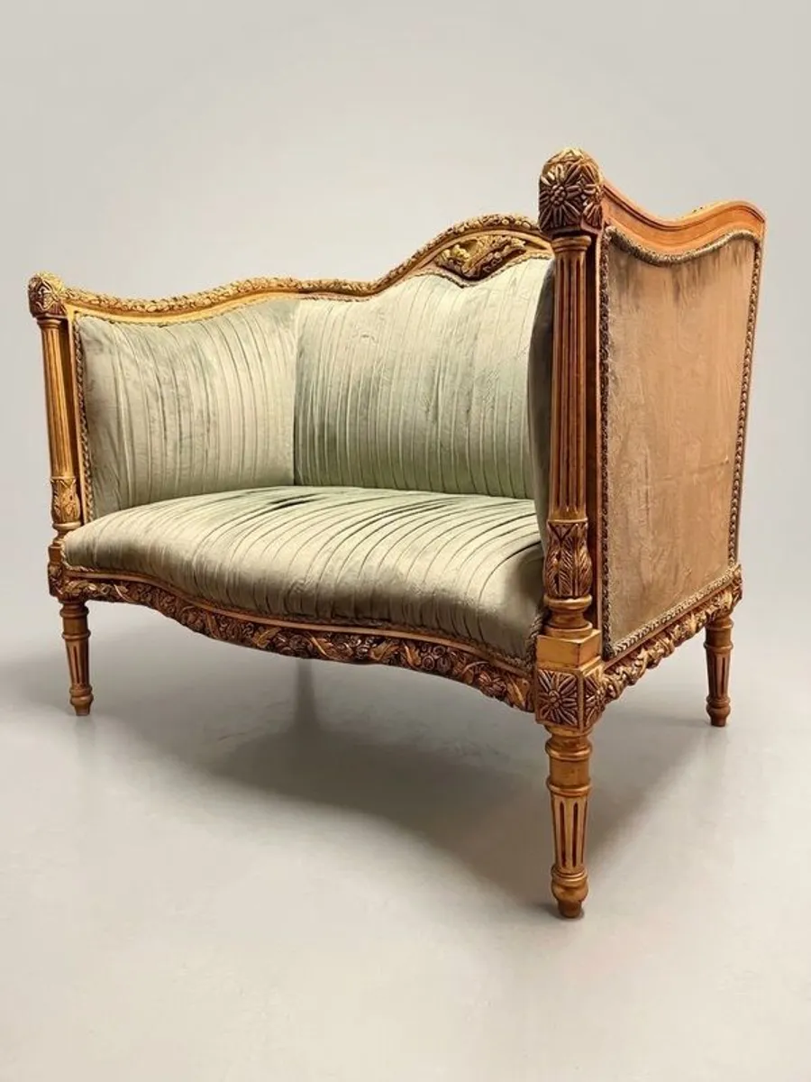 Louis XVI Style Carved Giltwood & Green Velvet Sofa - Image 4