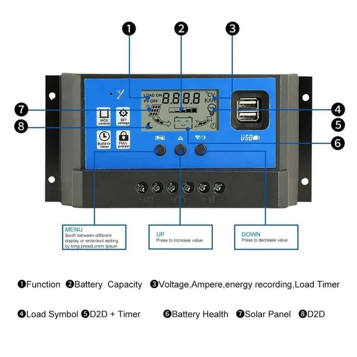 Solar Charge Controller with USB Ports and LCD - Image 1