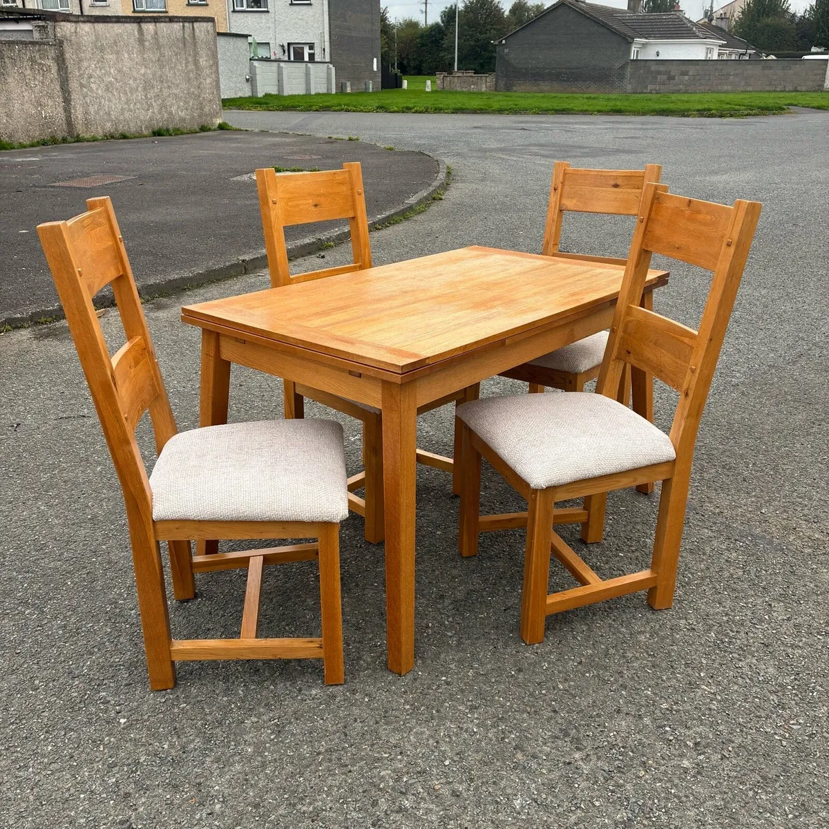 4 fab solid oak chairs newly recovered & table - Image 1