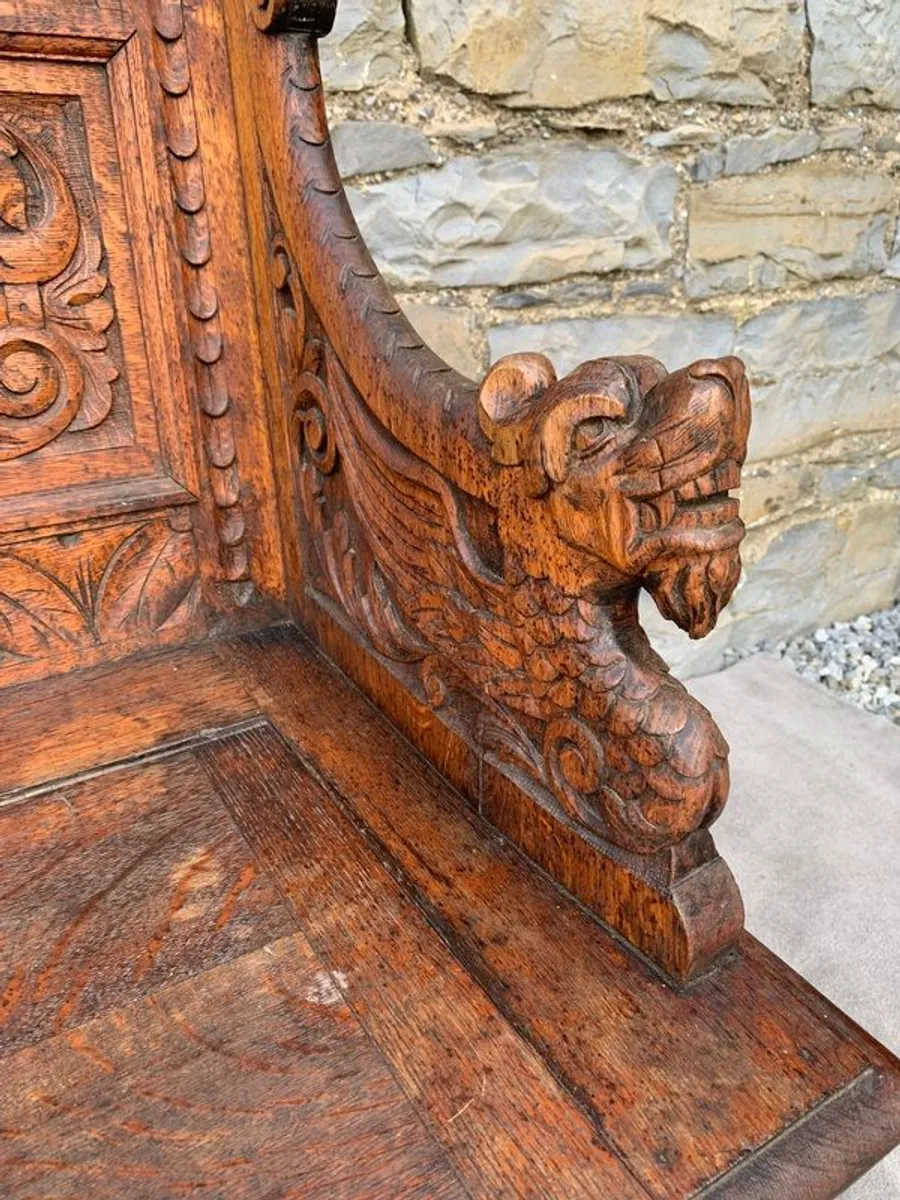 Late Victorian Gothic Revival Carved Oak Hall Settle. - Image 3