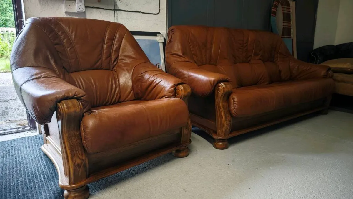 Leather 3 seater sofa and chair - Image 1