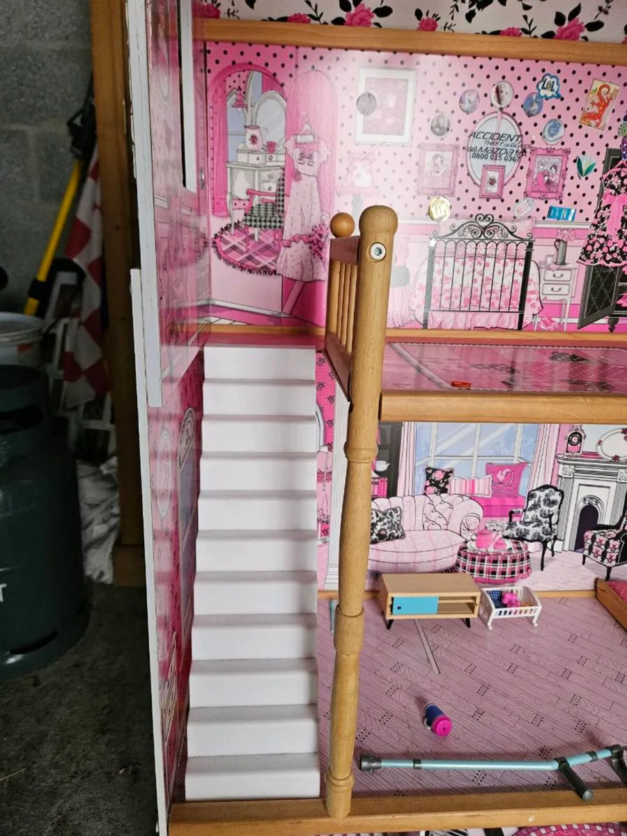 Large 3 Storey Wooden Dolls House Pink & White - Image 2