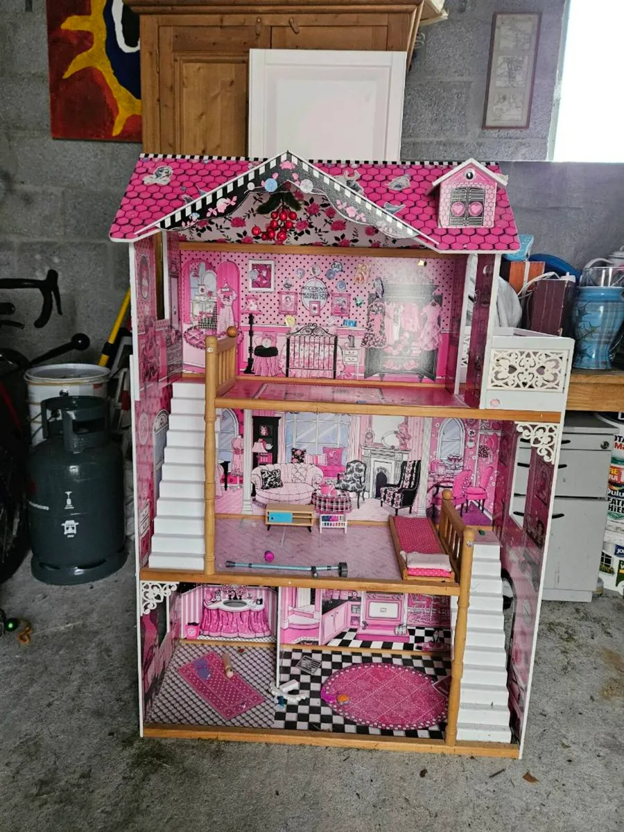 Large 3 Storey Wooden Dolls House Pink & White - Image 1
