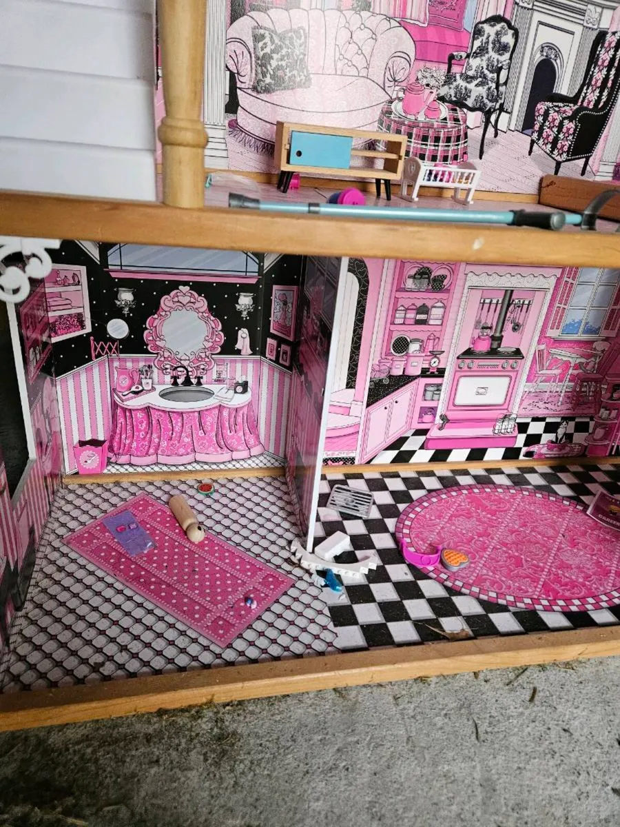 Large 3 Storey Wooden Dolls House Pink & White - Image 3