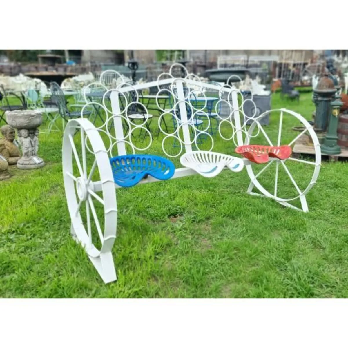 Cart Wheel Bench With Tractor Seats White KAS1354 - Image 1
