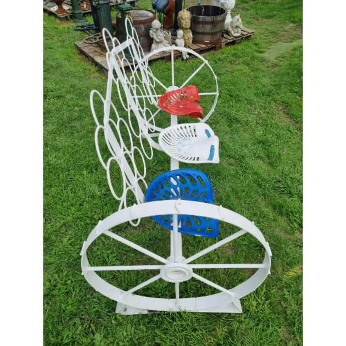 Cart Wheel Bench With Tractor Seats White KAS1354 - Image 3