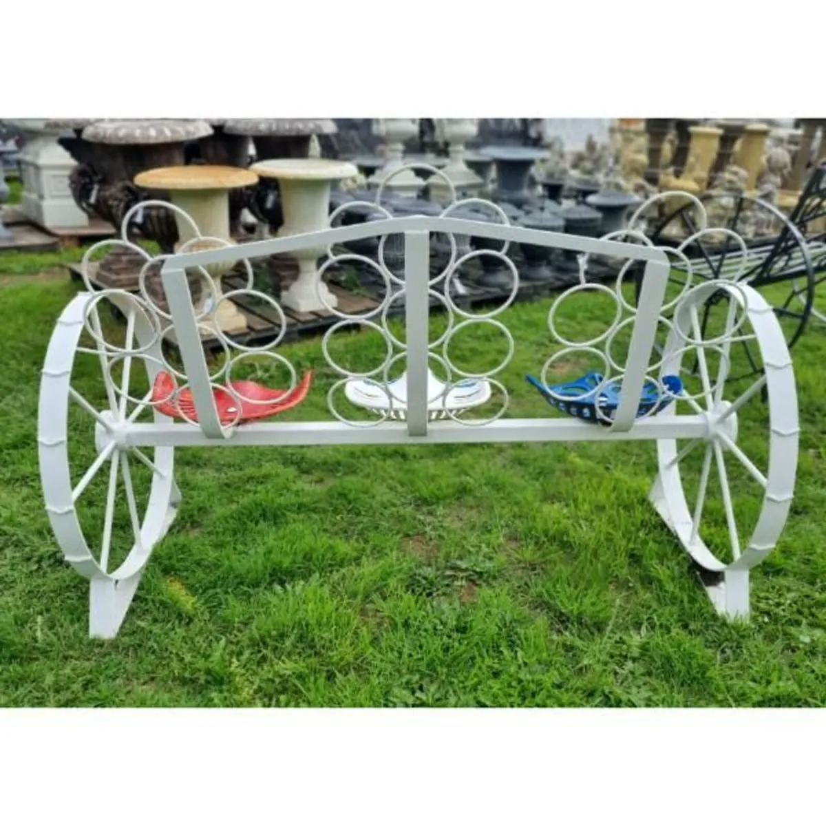 Cart Wheel Bench With Tractor Seats White KAS1354 - Image 4