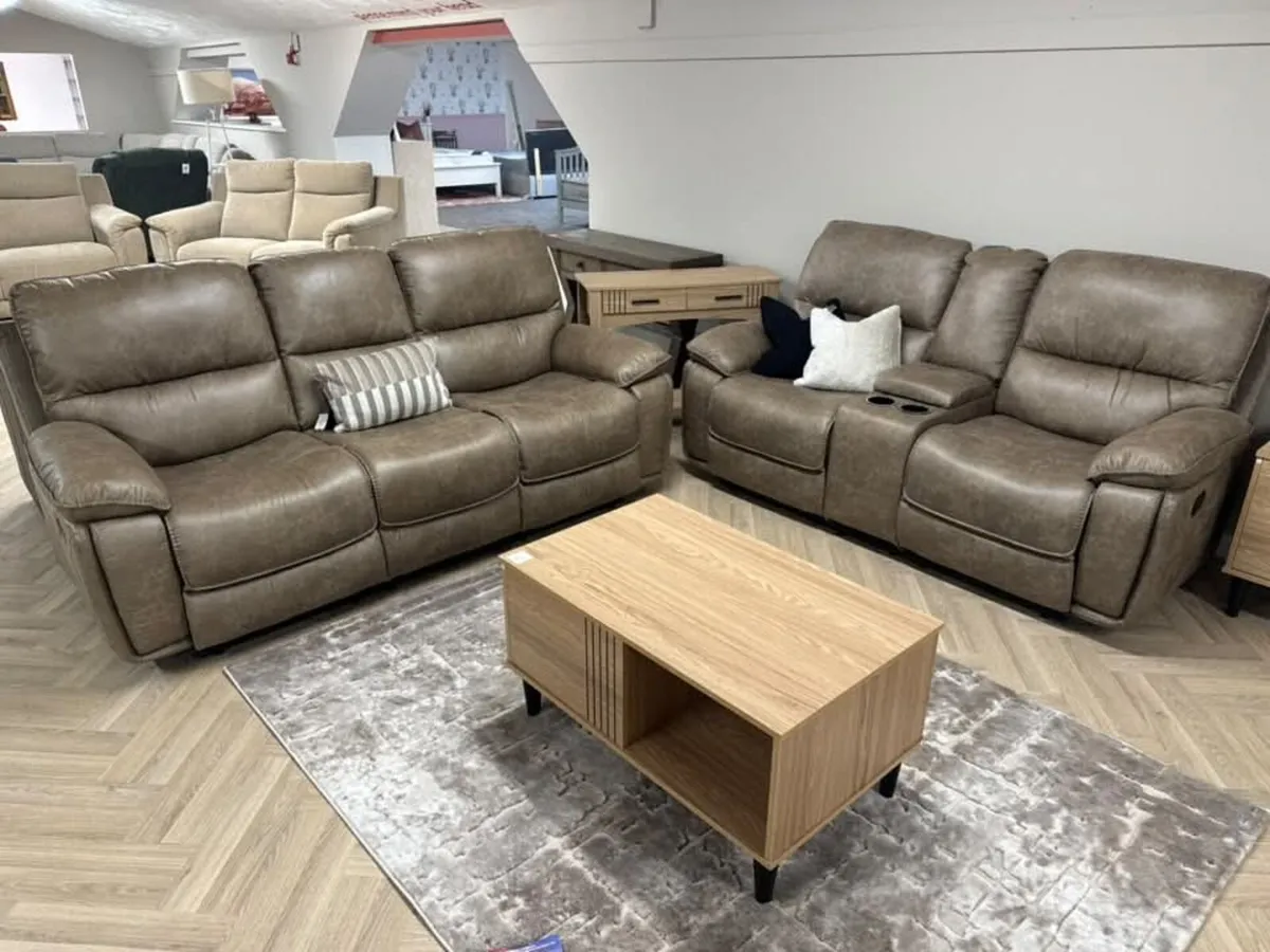 Oxford Grey & Brown Suede Leather Recliner Sofa - Image 1