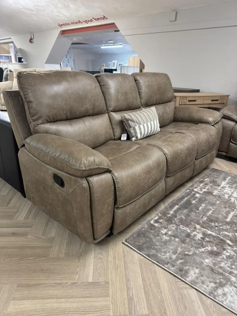 Oxford Grey & Brown Suede Leather Recliner Sofa - Image 2
