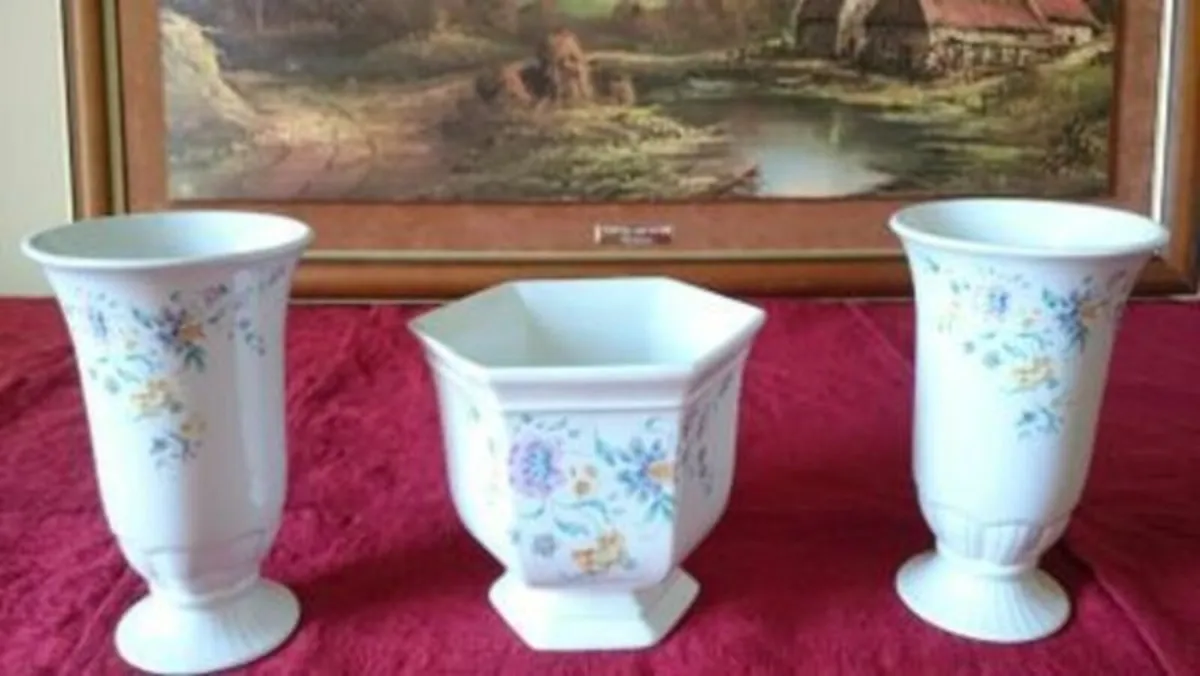 Vintage 3 Pc. Norfolk England Porcelain Vases - Image 1