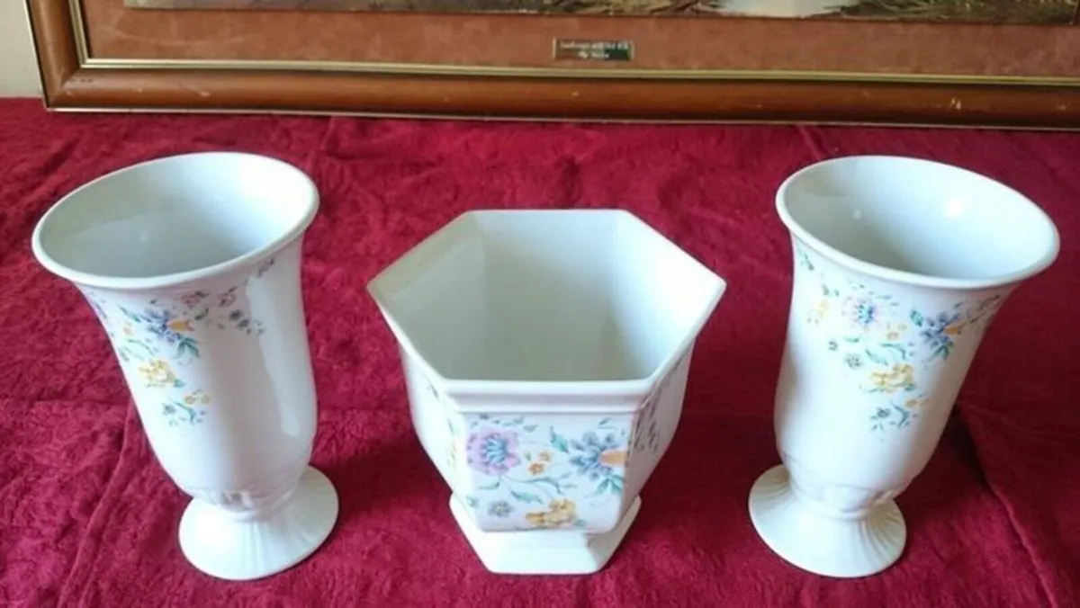 Vintage 3 Pc. Norfolk England Porcelain Vases - Image 2