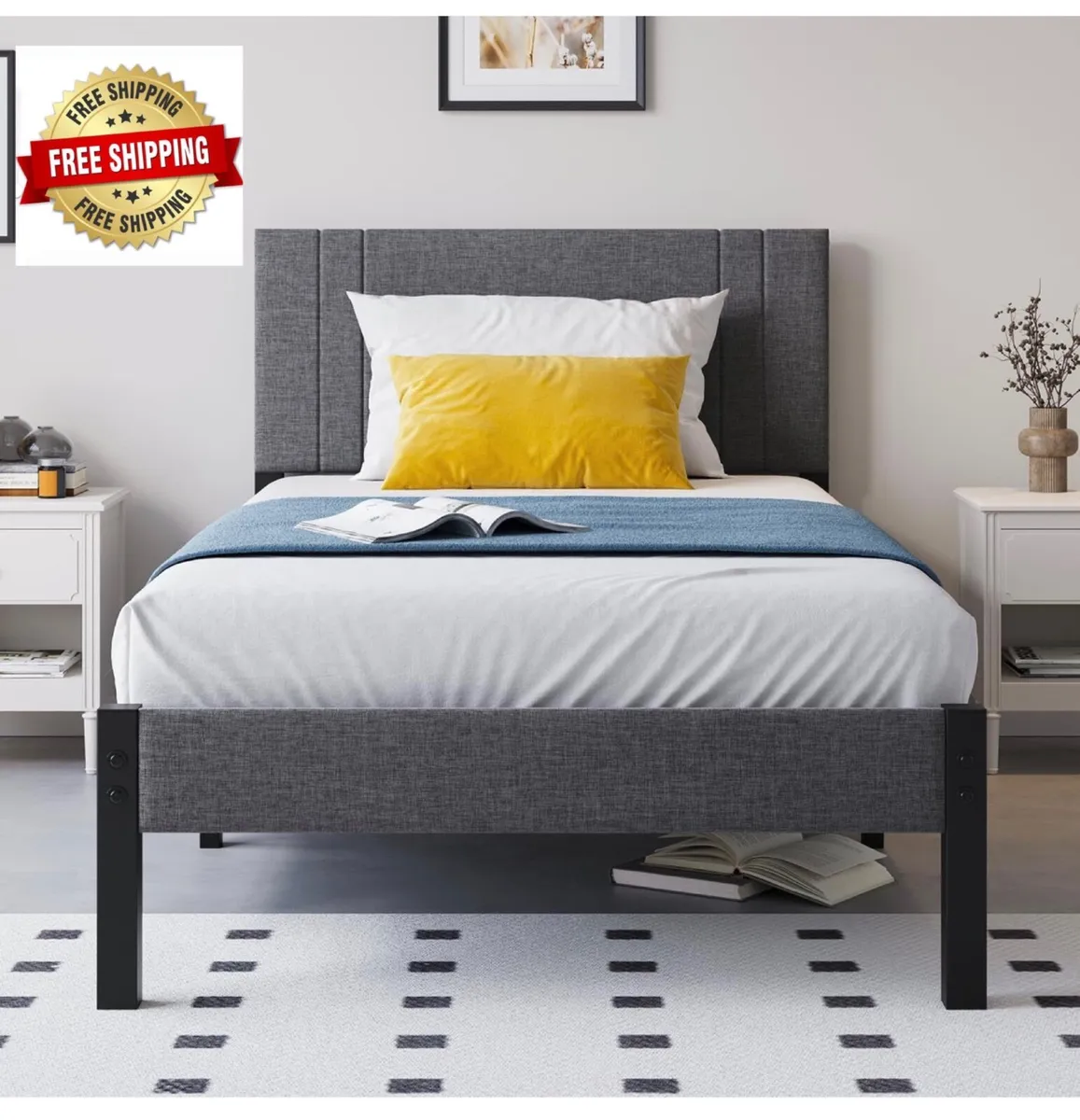 Metal Single Bed Frame with Storage and Shelf Head - Image 1