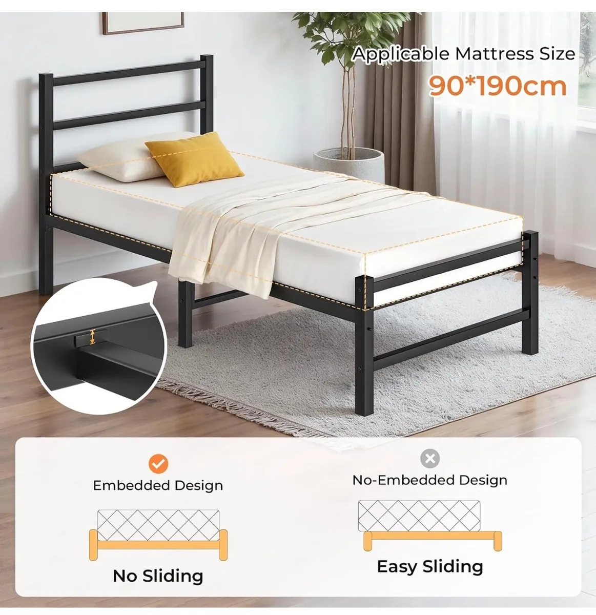 Single Bed Frame, 3ft All Metal Slats Support Plat - Image 4