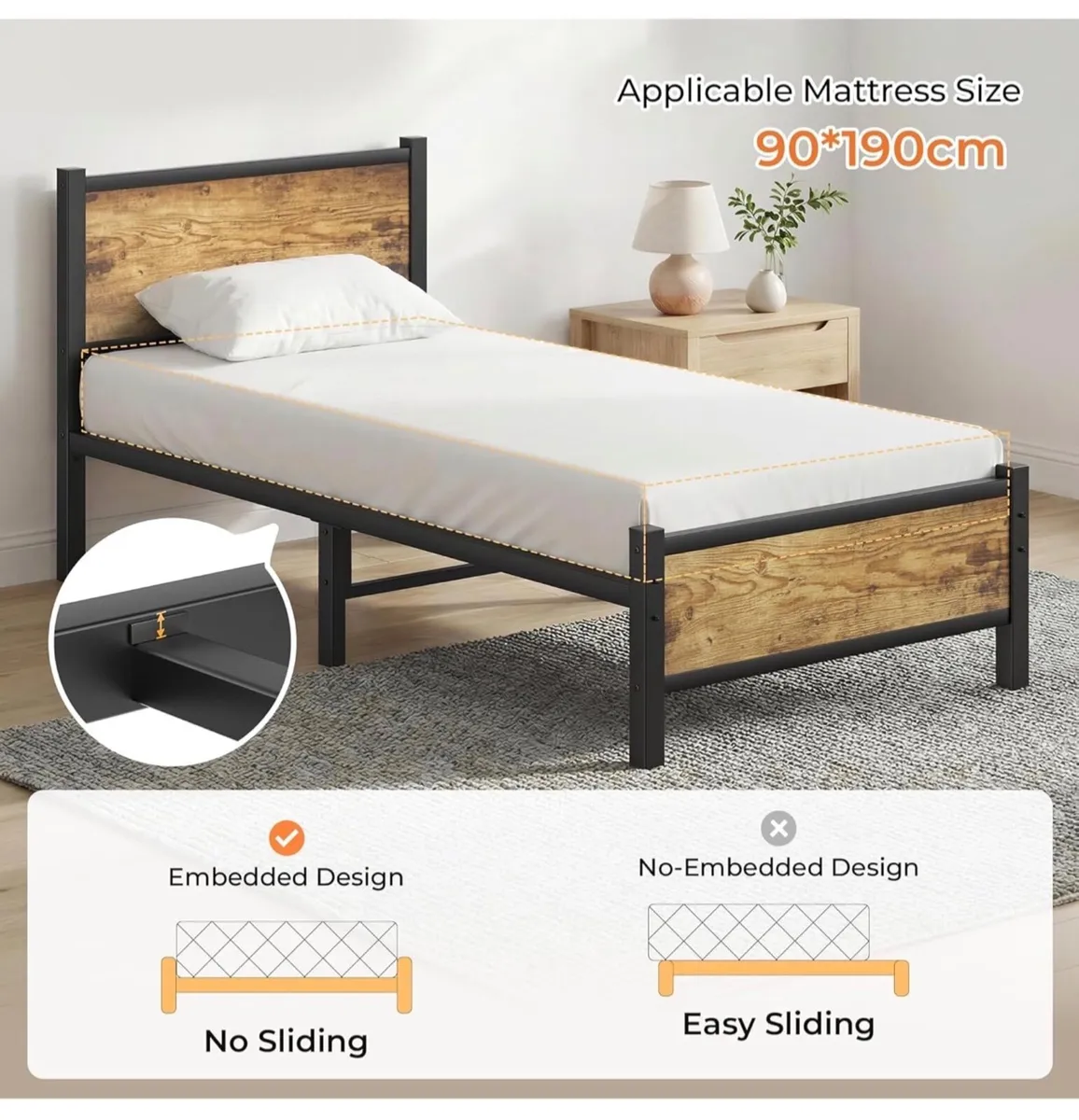 3ft Single Bed Frame, Single Bed with Heavy Duty M - Image 3