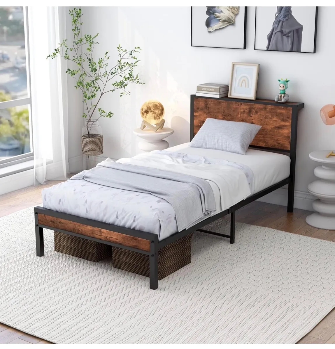 Single Bed Frames with Wooden Storage Headboard, N - Image 4