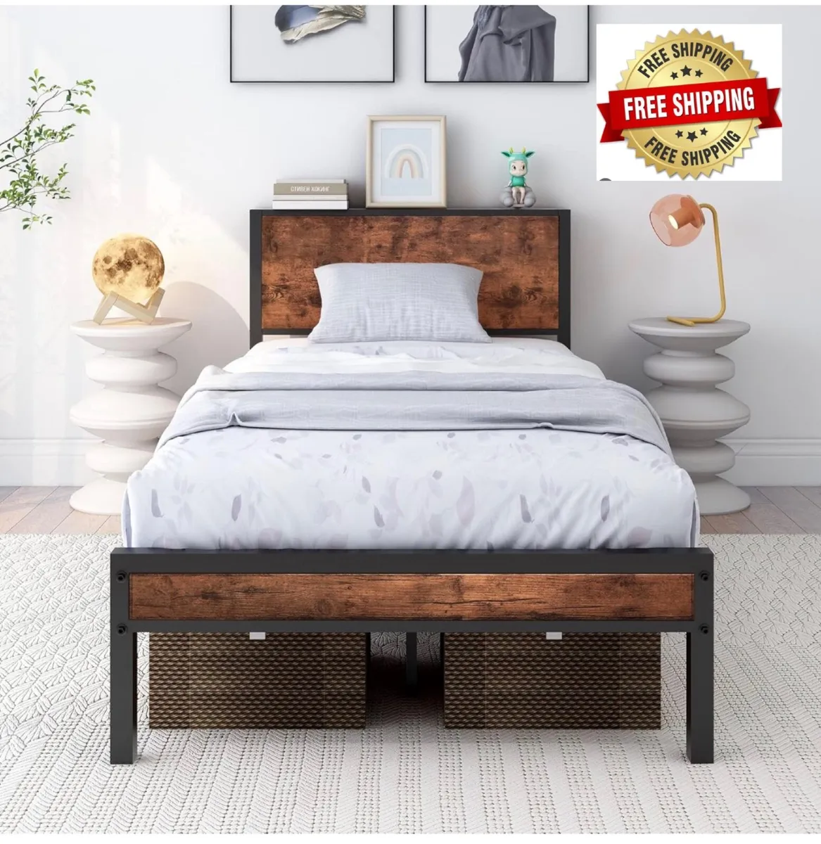 Single Bed Frames with Wooden Storage Headboard, N - Image 1