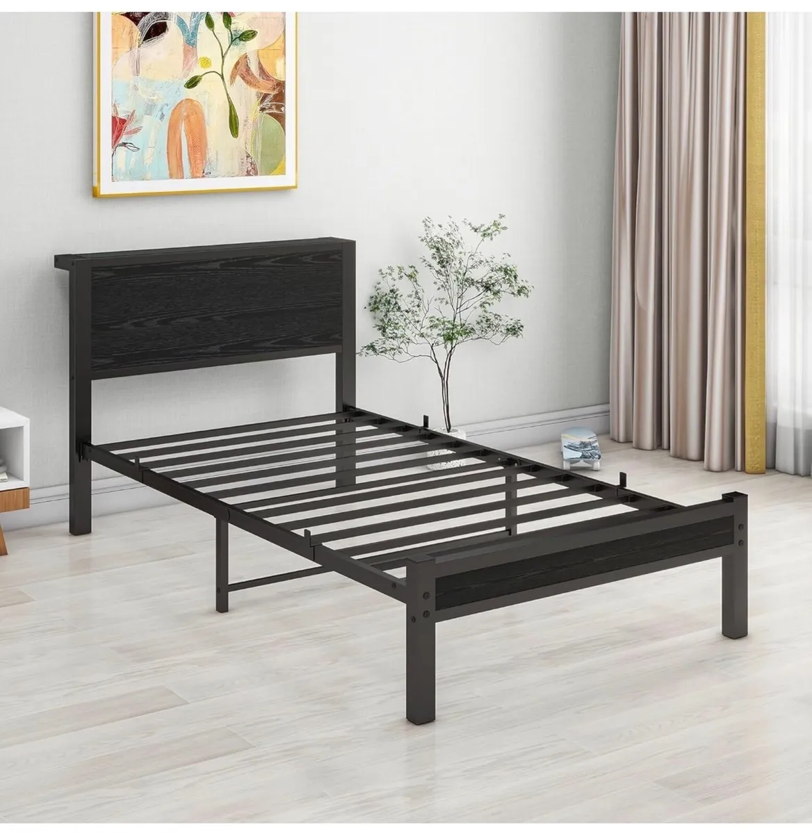 Single Bed Frame Wooden Storage Headboard Heavy Me - Image 4