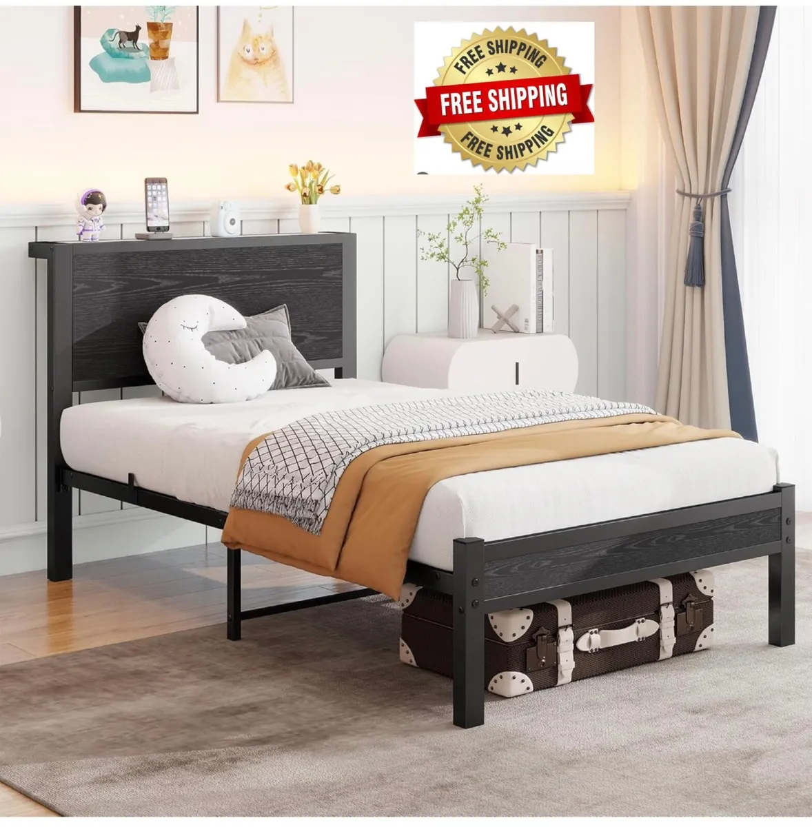 Single Bed Frame Wooden Storage Headboard Heavy Me - Image 1