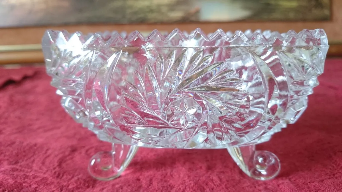Triangular Cut Crystal Glass Footed Jewelry Dish - Image 1