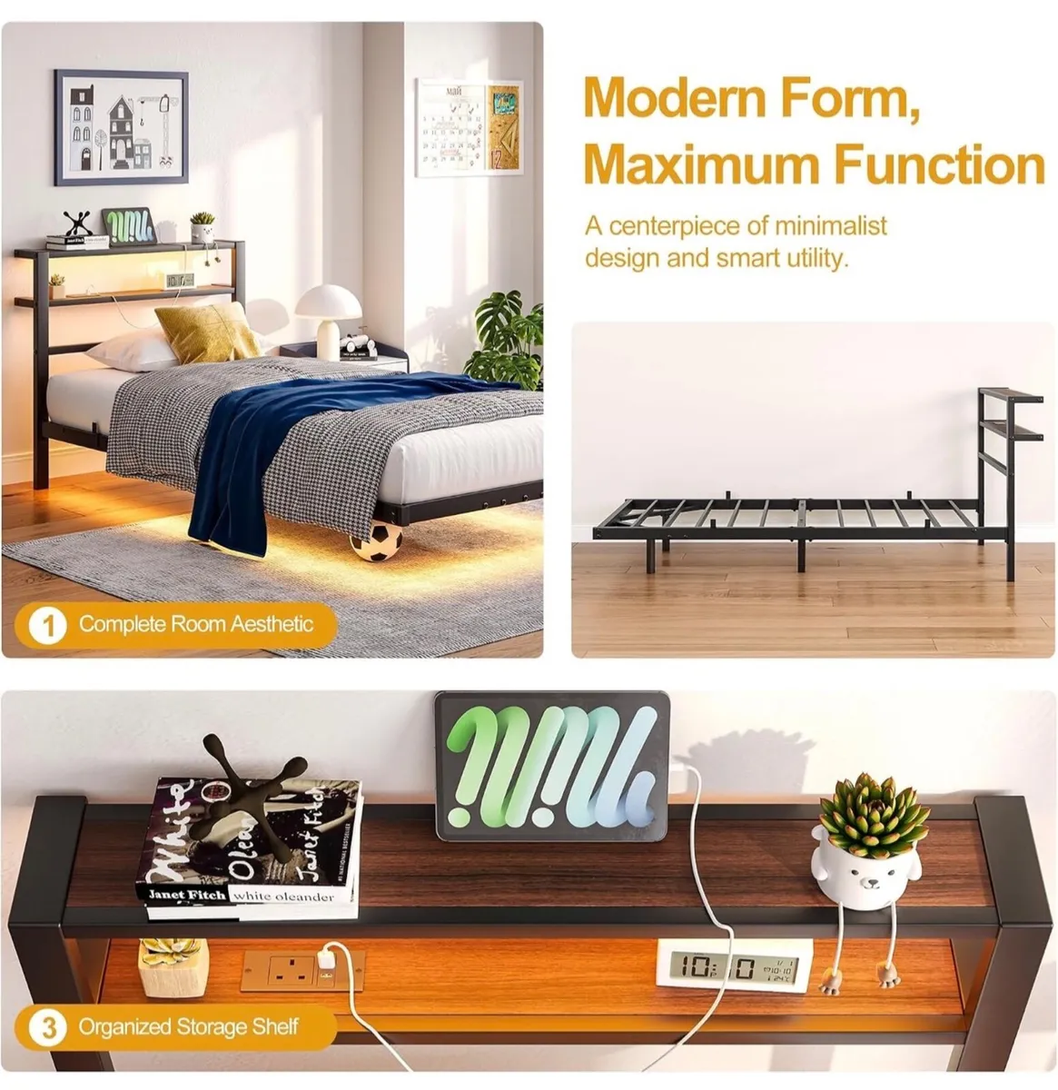 90×190Cm Floating Metal Platform Bed With USB Char - Image 4