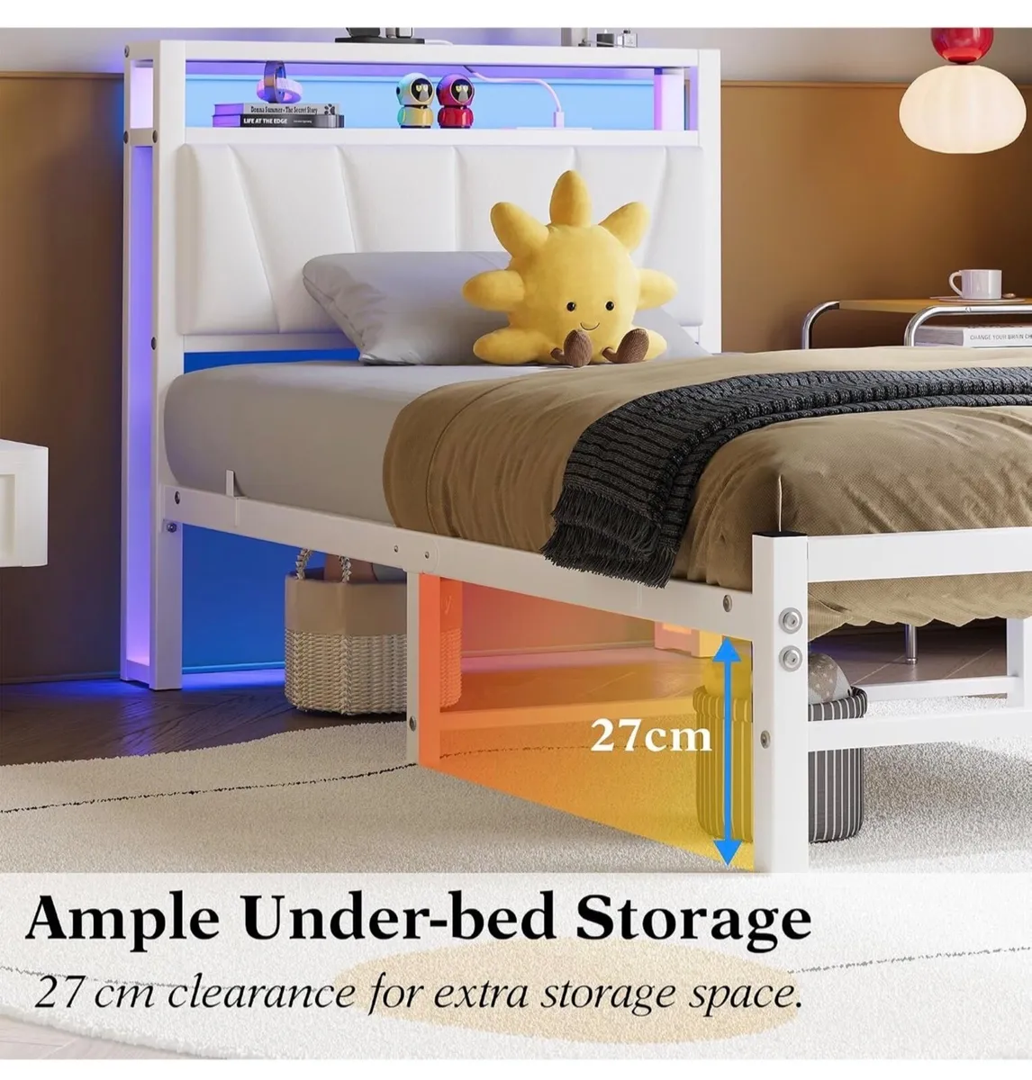 White Single Bed Frames with Storage Upholstered H - Image 4