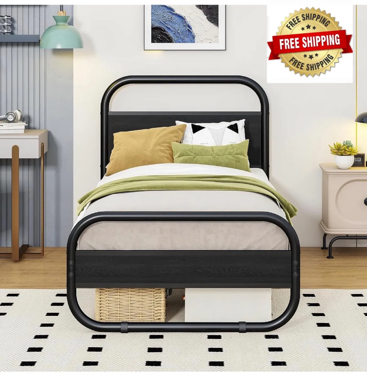 3ft Single Bed Frame with Headboard, Black Bed Fra - Image 1