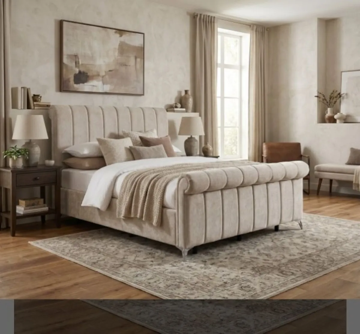 Carlow Upholstered Storage Bed – Beige - Image 1