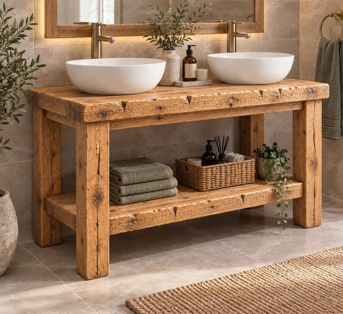 Handmade Rustic Wood Bathroom Vanity Unit - Image 1