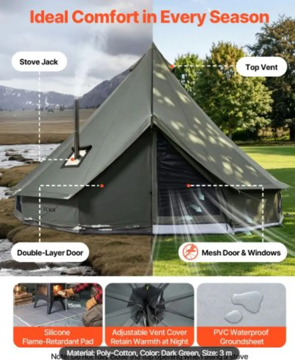 Canvas Bell Tent,4 Seasons 3 m Yurt Tent for Camp - Image 2