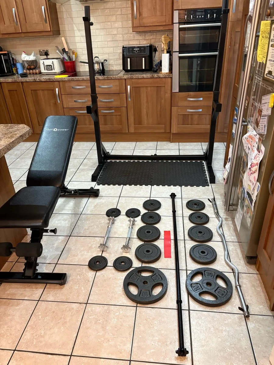 LARGE GYM BUNDLE, METAL WEIGHTS, HEAVY RACK ETC! - Image 1