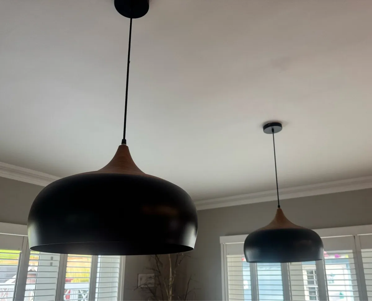 Matching pair of black and wood pendant lights - Image 2