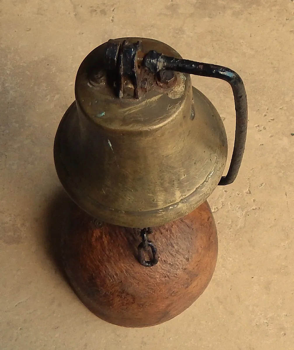 Vintage Small Brass Bell on Wood Base - Image 2