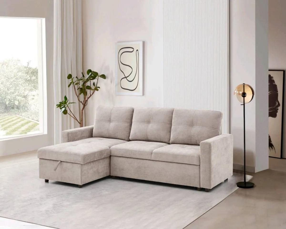 Reversible Beige & Grey Pull Out Sofa Bed - Image 1
