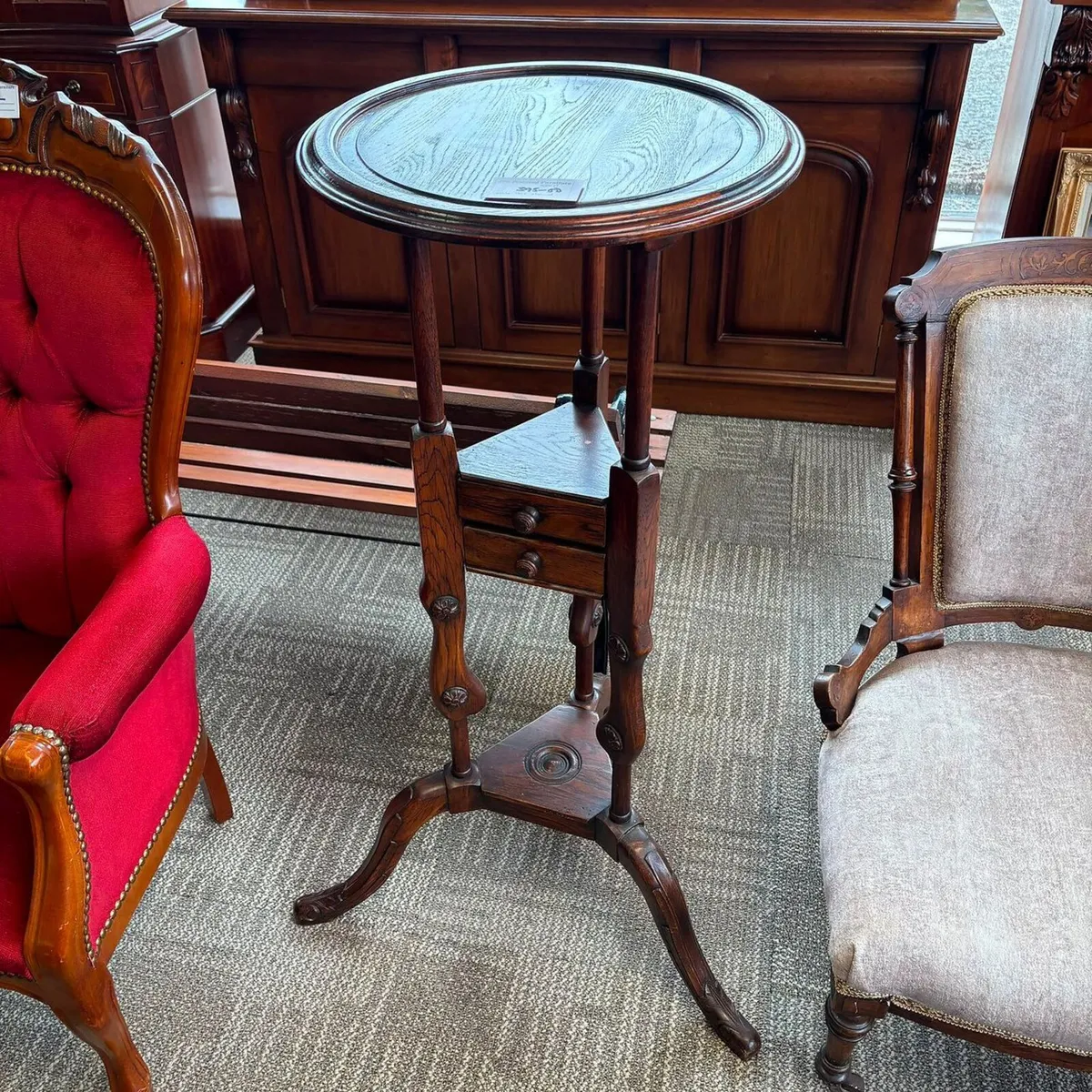 19th century oak tripod stands with two drawers