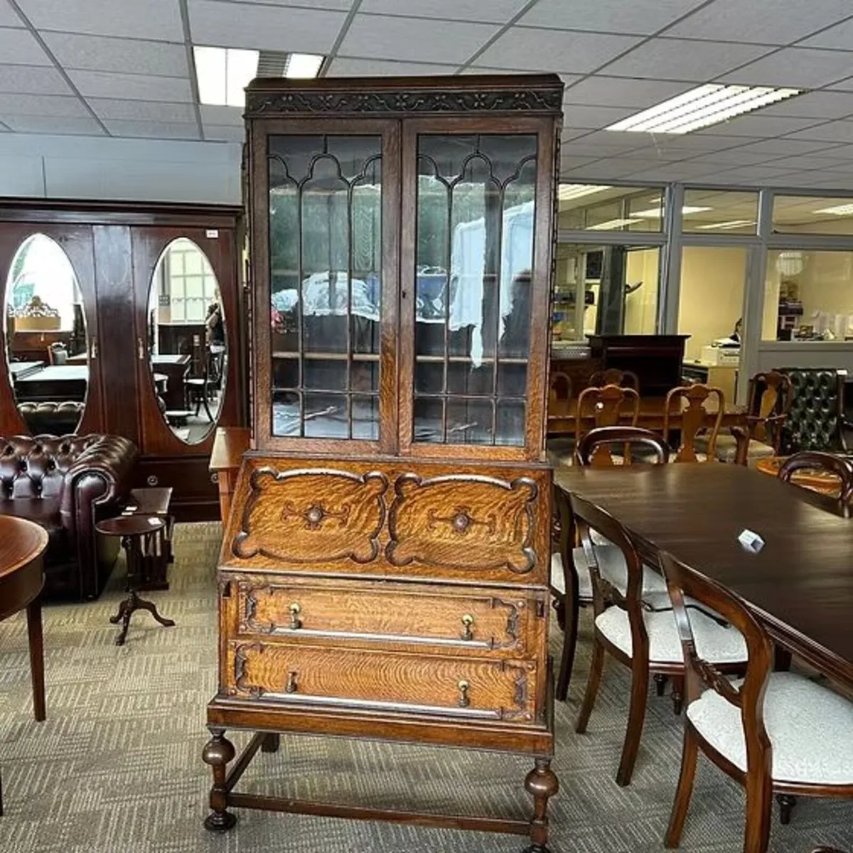 Impressive oak bureau bookcase with leaded glazed