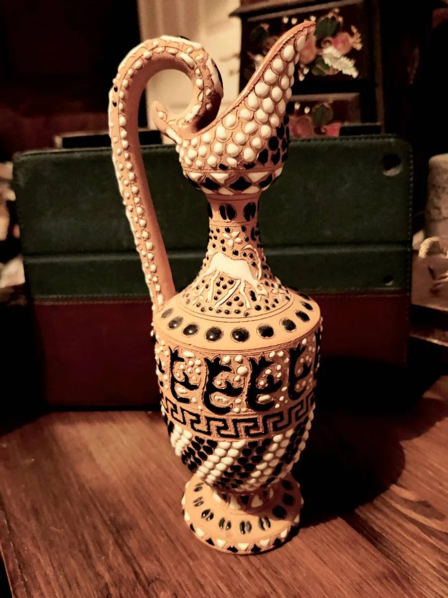 RARE, GREEK POTTERY, 14"Tall Hand Signed Oil Jug ! - Image 1