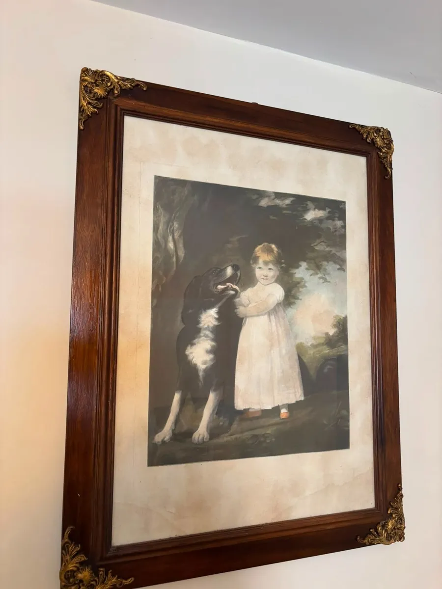 Large Vintage Framed Print – Girl with Dog - Image 1