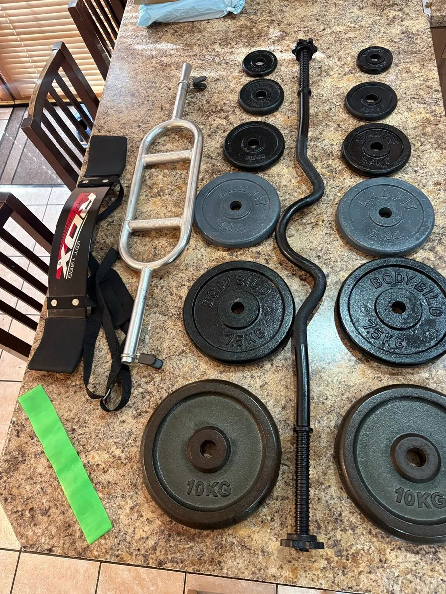 METAL GYM WEIGHTS + BARS, BICEP, TRICEPS + BELT! - Image 1