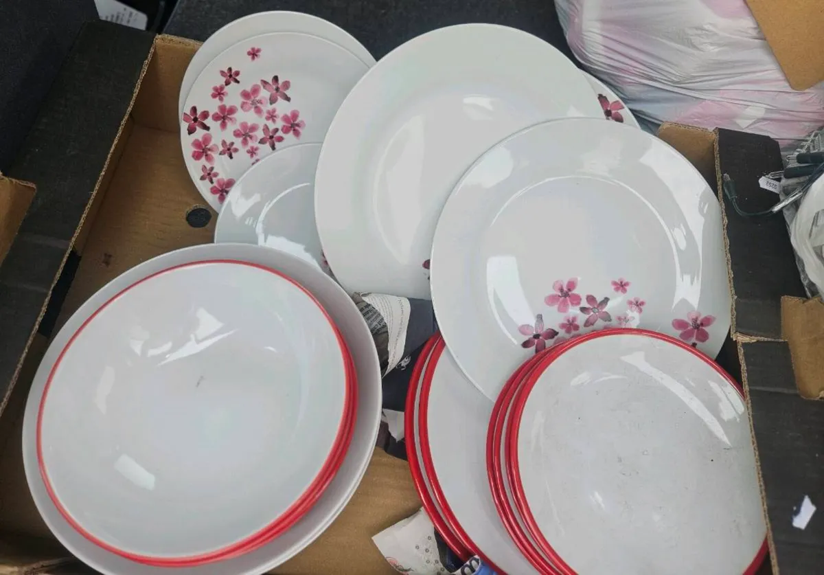 Box of Delph Bowls and Plates