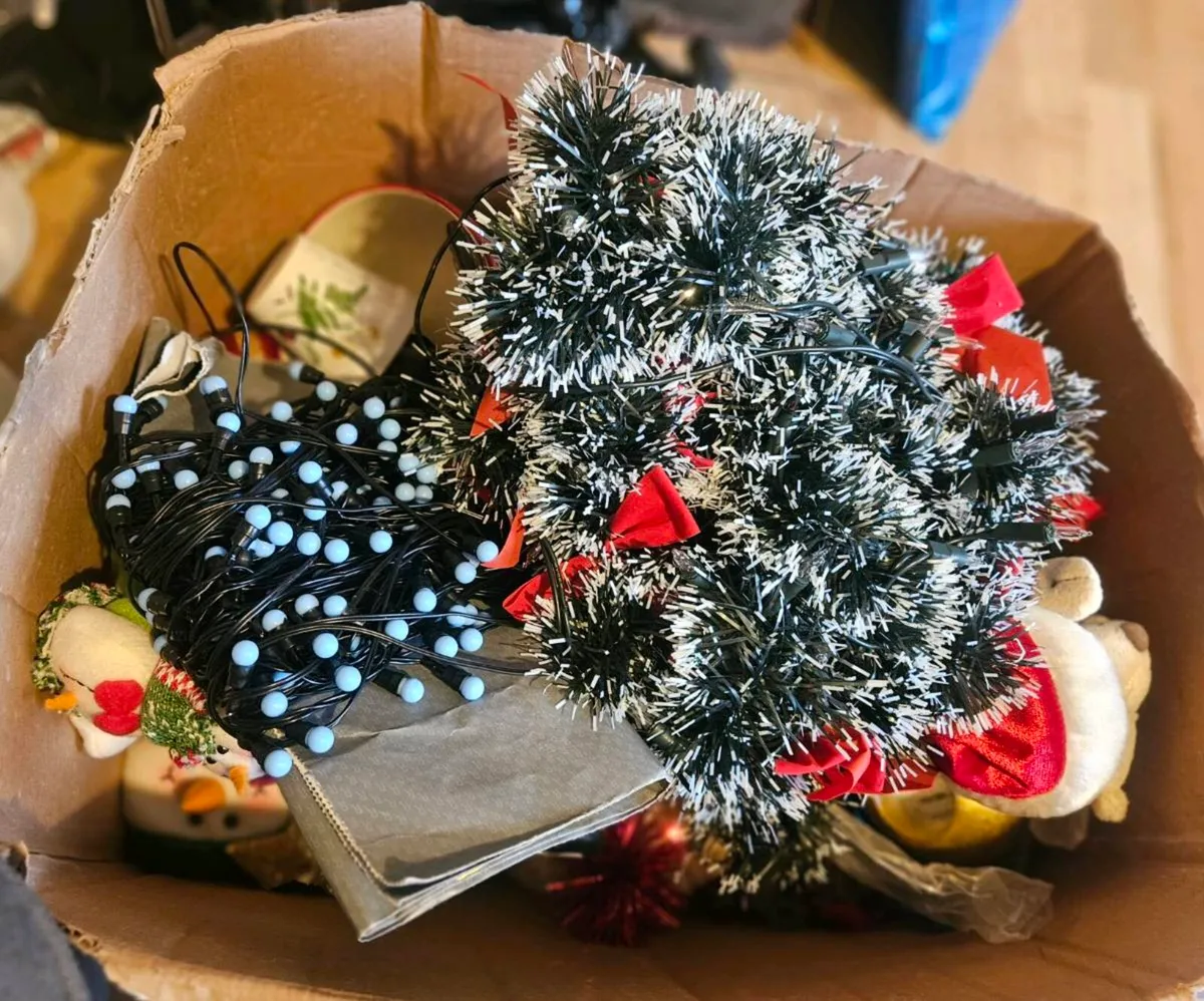 Box of Christmas Decorations and Globe Lantern - Image 2