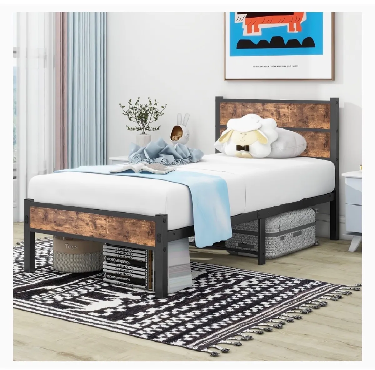 Single Bed Frame with Wooden Headboard and Footboa - Image 2