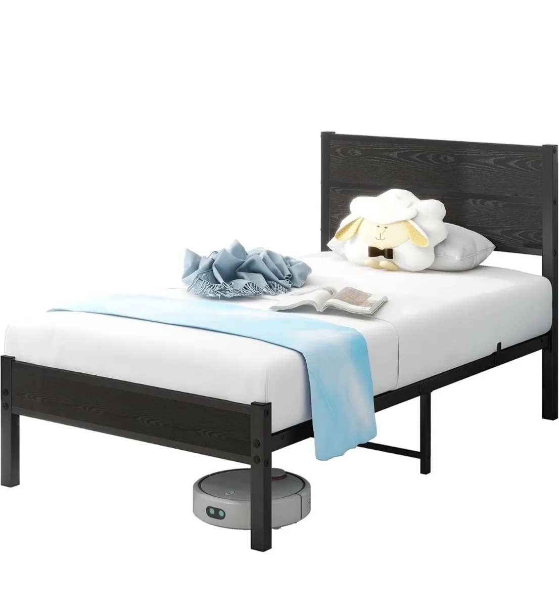 Single Bed Frame with Wooden Headboard and Footboa - Image 2