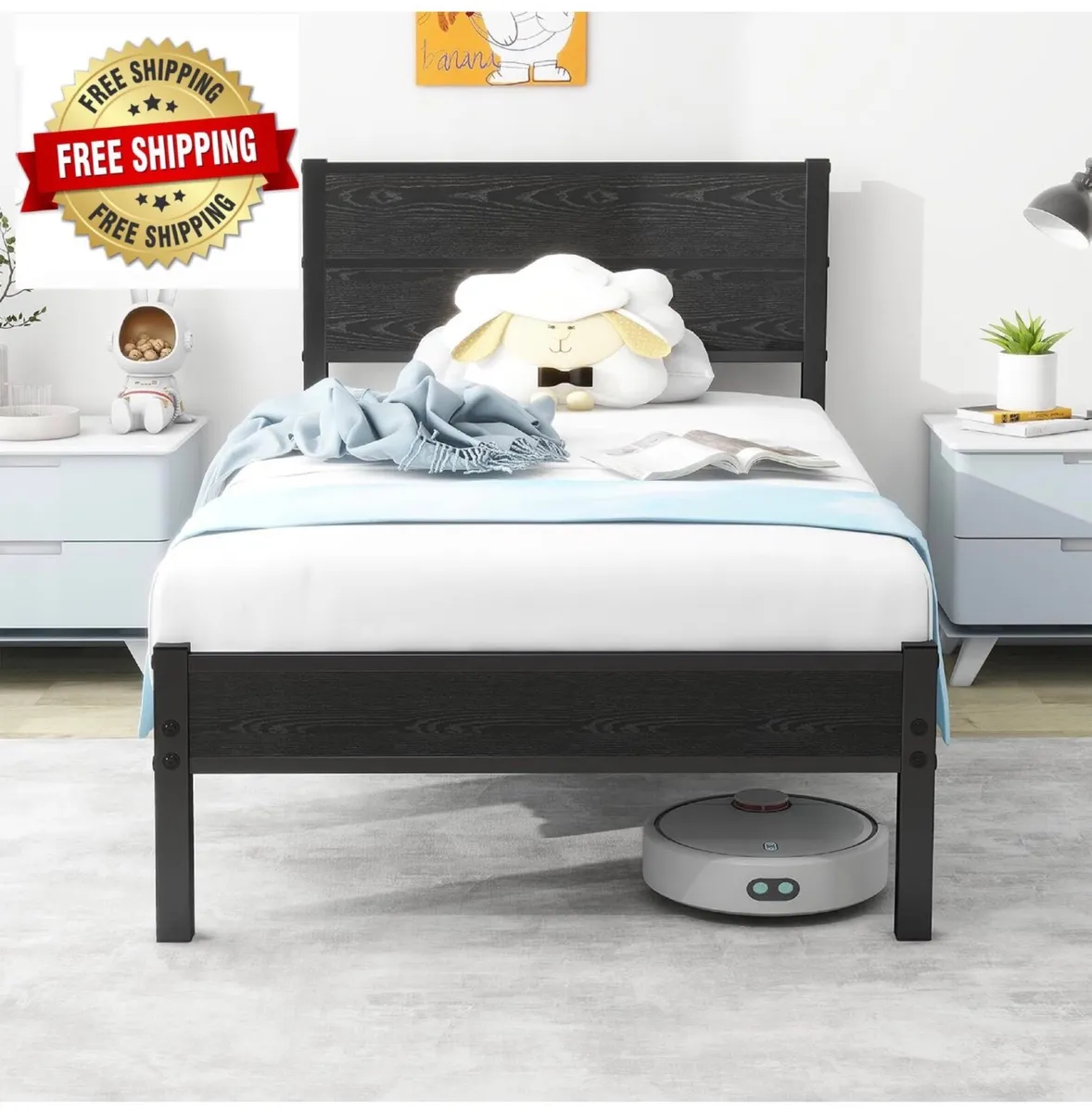 Single Bed Frame with Wooden Headboard and Footboa - Image 1
