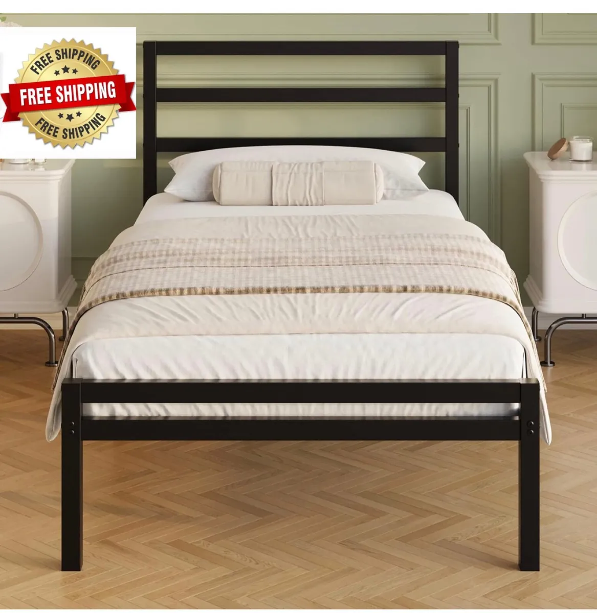 Metal Single Bed Frame with Headboard and Footboar - Image 1