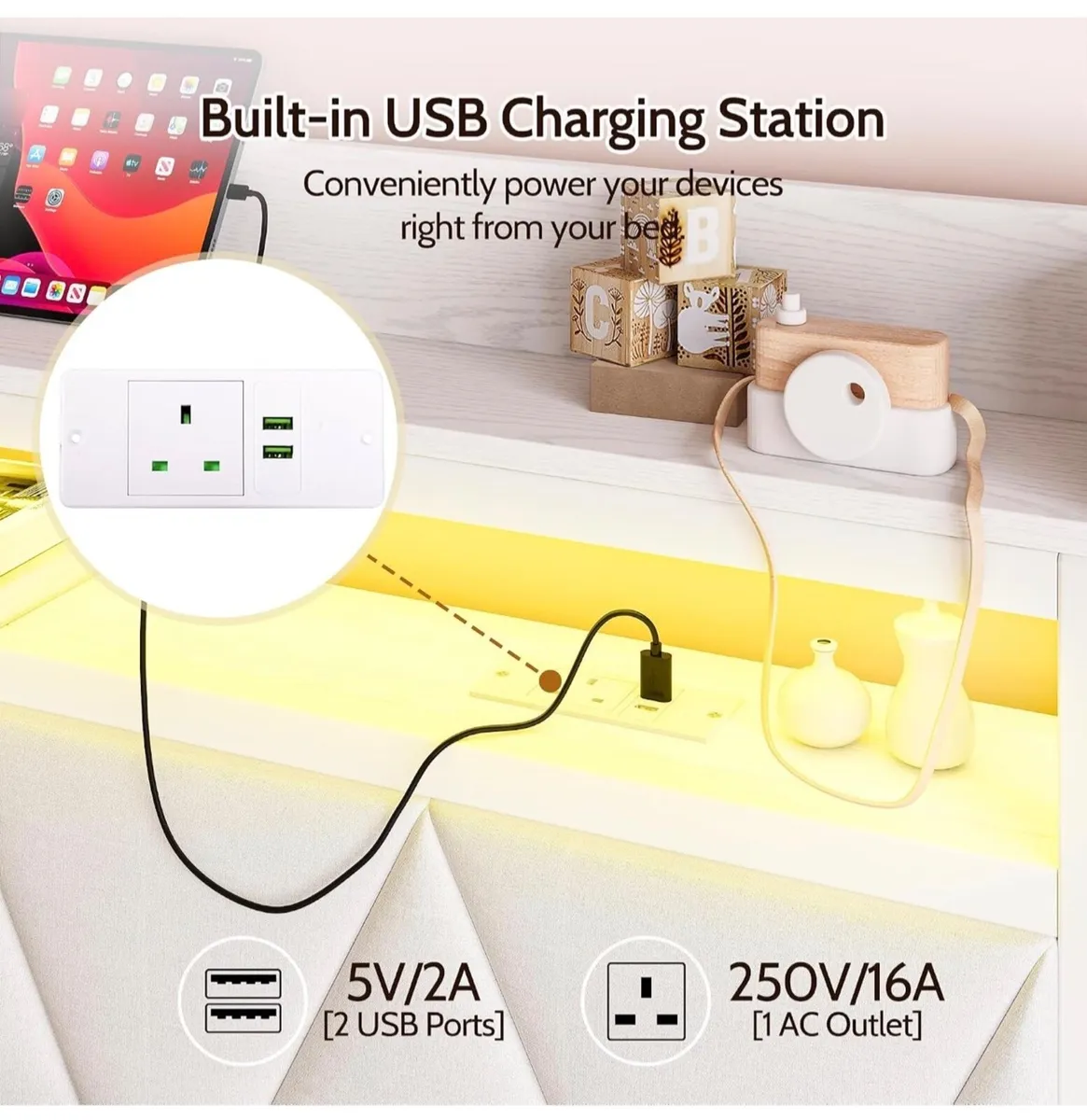 Single Bed with LED Lights & USB Charging, 90x190c - Image 4