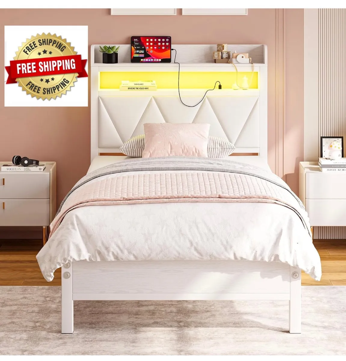 Single Bed with LED Lights & USB Charging, 90x190c - Image 1