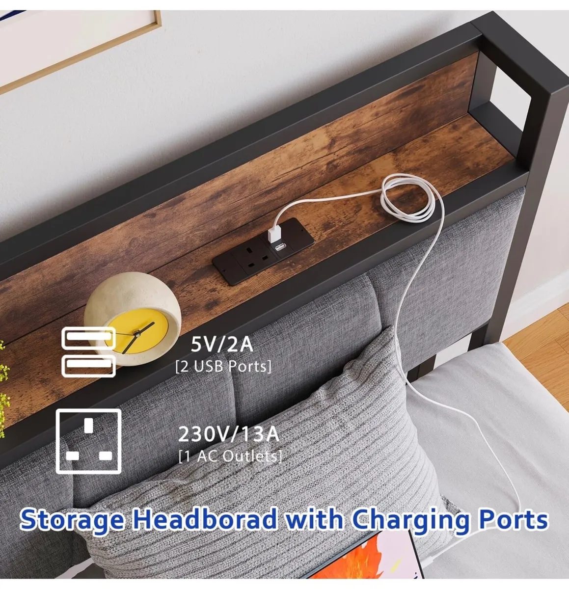 3ft Single Bed Frame with Storage Headboard,LED Li - Image 4