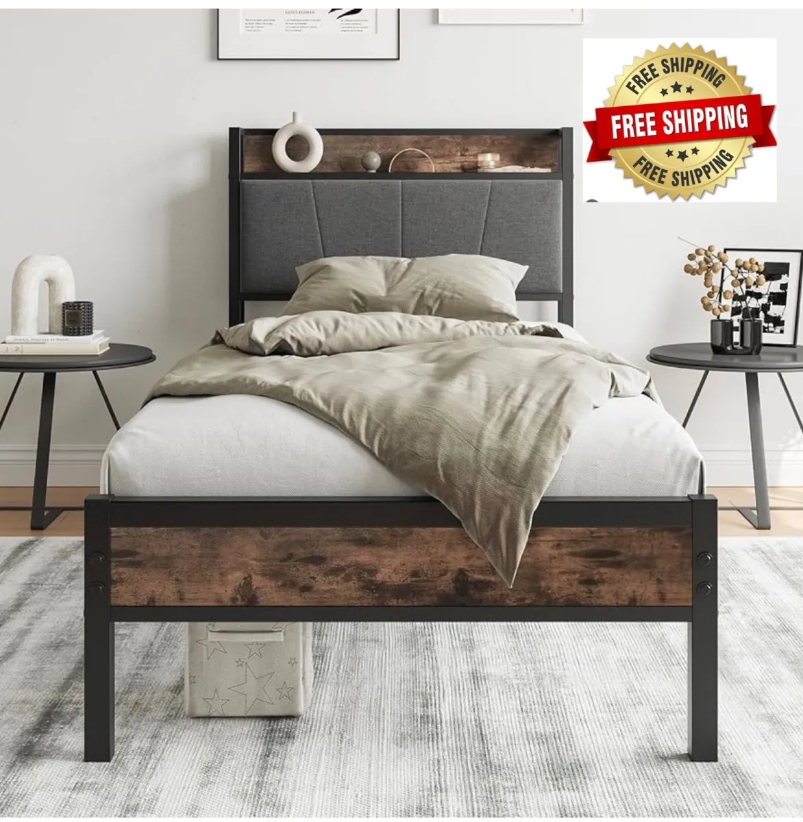 3ft Single Bed Frame with Storage Headboard,Heavy - Image 1